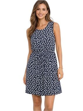J Crew Navy Heart Print Sz O Sleeveless Half Placket Chiffon Mini Dress Preppy
